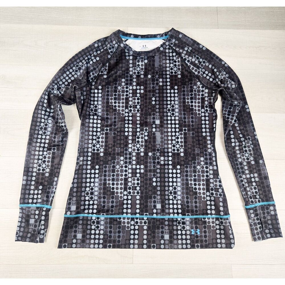Under Armour ColdGear Women L Gray Dot Print Thermal Base Layer Top Thumbhole
